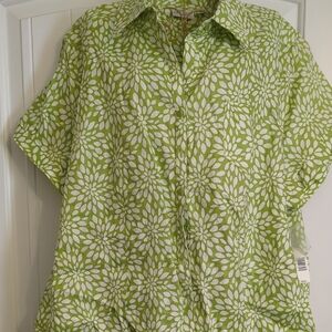 Kim Rogers Green and White Floral Women's Linen Blouse